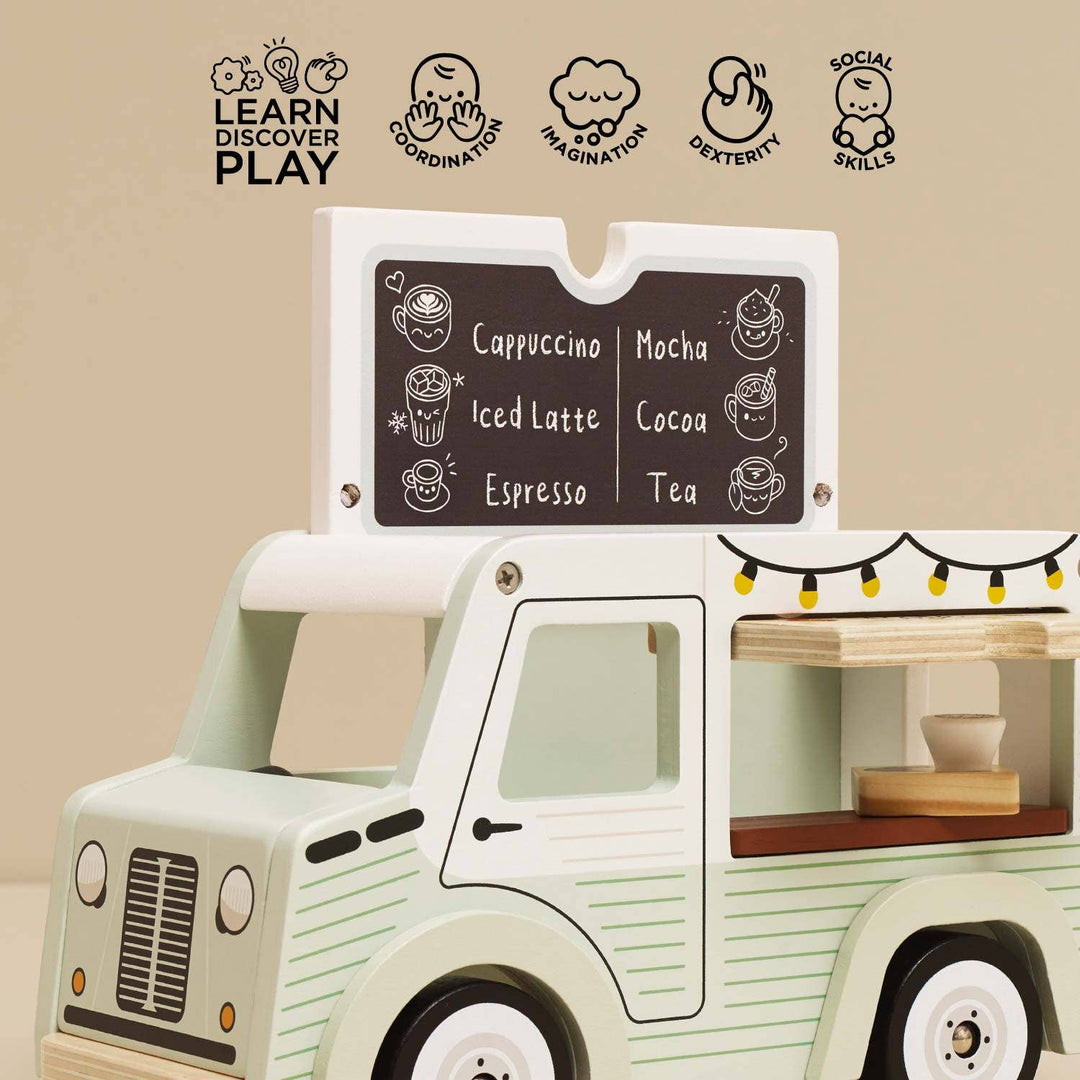 Front angle of the Mobile Café Van by Le Toy Van with menu board raised, learn and discover role play toy for kids