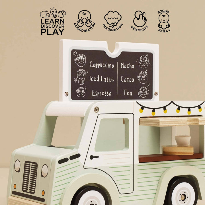 Front angle of the Mobile Café Van by Le Toy Van with menu board raised, learn and discover role play toy for kids