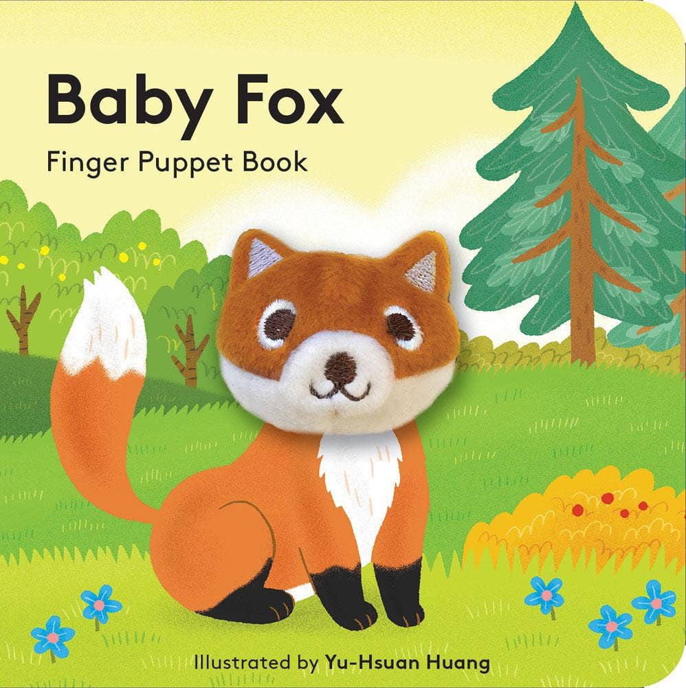 Chronicle Books Baby Fox Finger Puppet Book cover with plush fox puppet in forest scene