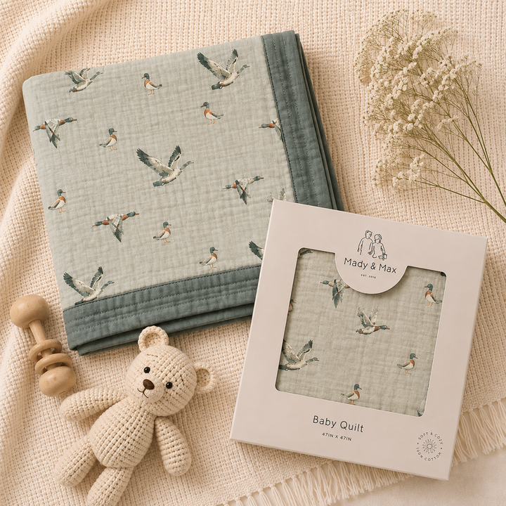 Mady & Max Duck Duck Goose Bamboo Muslin 4-Layer Quilt, soft baby blanket