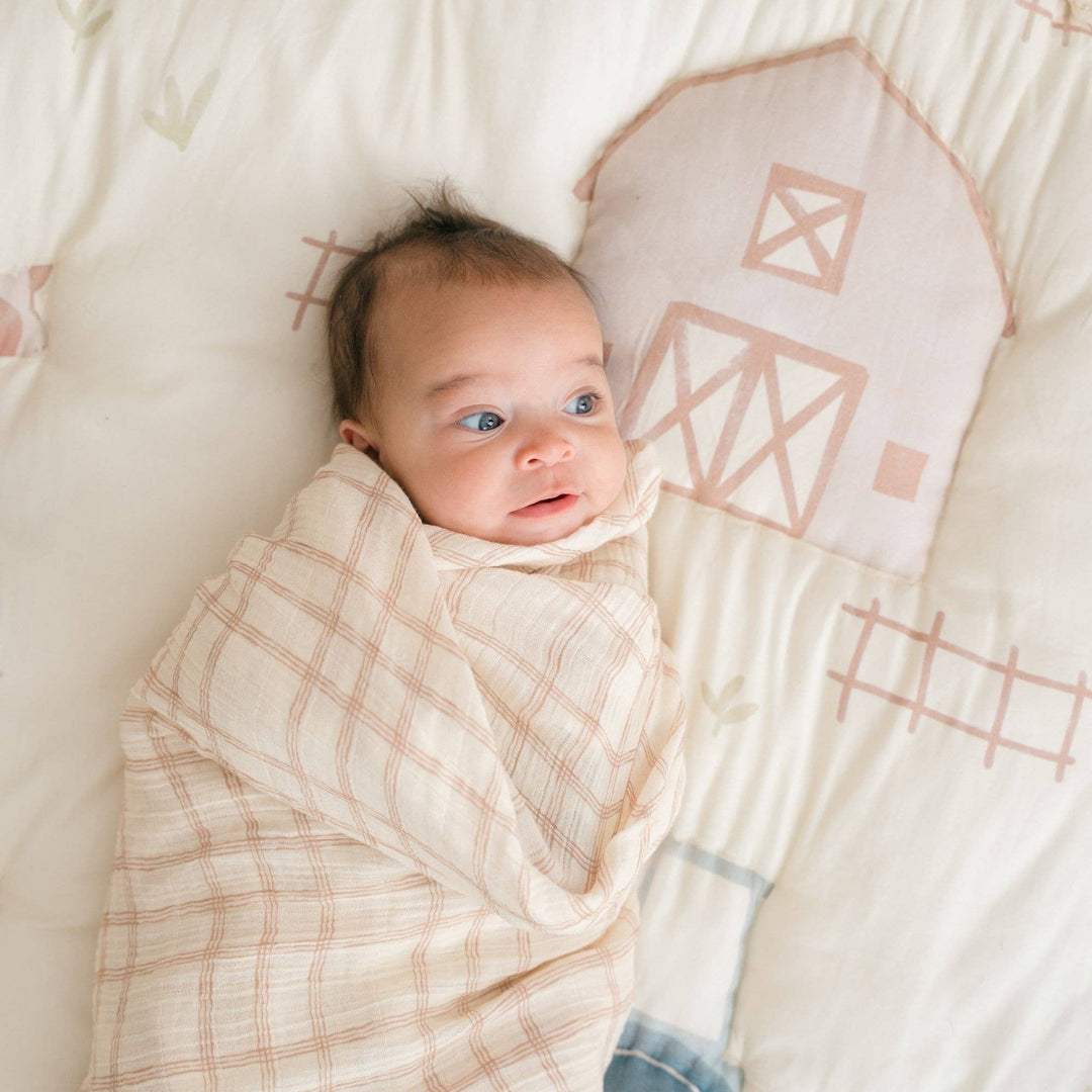 baby on farmhouse crane baby play mat wrapped in brown check gender neutral swaddle 