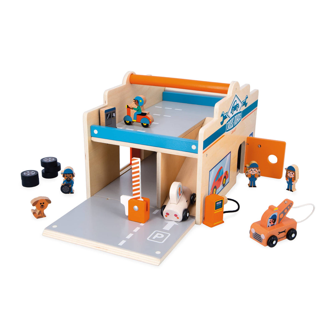 Wooden garage playset accessories from Janod Crossroads collection