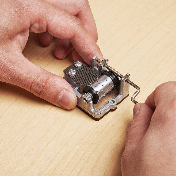 person using Here Comes The Sun hand crank music box close-up