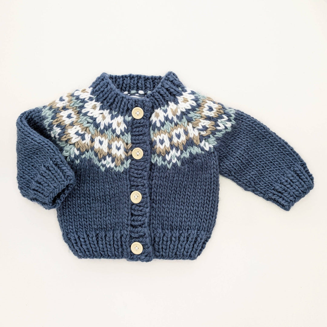 Huggalugs Fairisle Slate cardigan sweater, hand knit Nordic pattern, laid flat