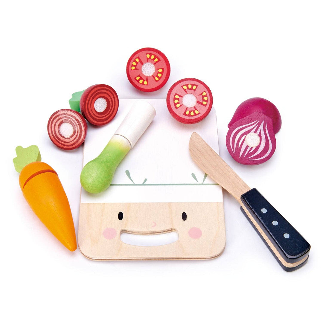 Tender Leaf Toys Mini Chef Chopping Board with wooden knife, carrot, tomato, and radish pieces