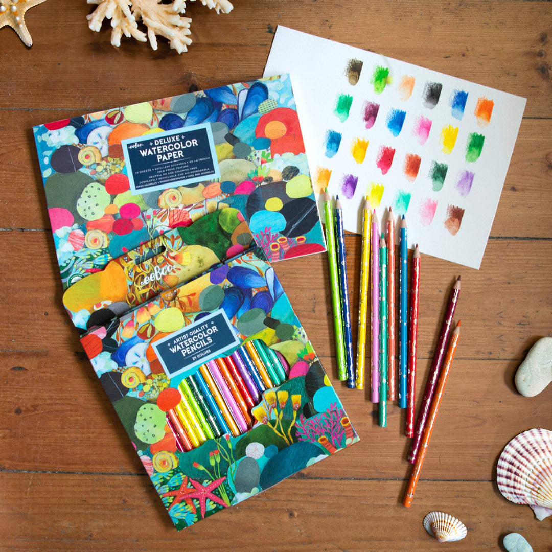 eeBoo Tidepool Cold Press Watercolor Pad paired with Tidepool Watercolor Pencils gift set