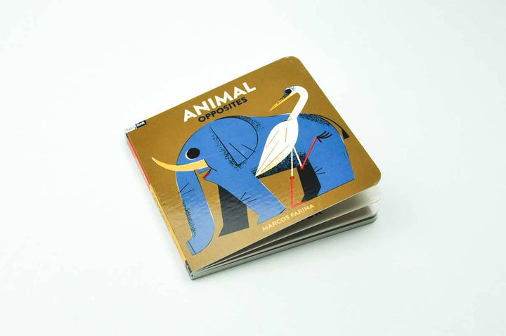 Playful illustrated animals page from Animal Opposites baby board book Marcos Farina