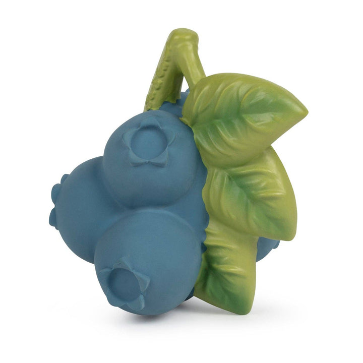 Angled view of the Oli & Carol Jerry the Blueberry teether with textured leaves