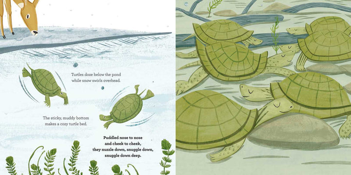 Animal family hibernating spread from Snuggle Down Deep cozy bedtime picture book