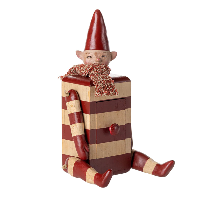 A detailed view of the Maileg Elf with Drawer, perfect for displaying with stuffed doll companions.