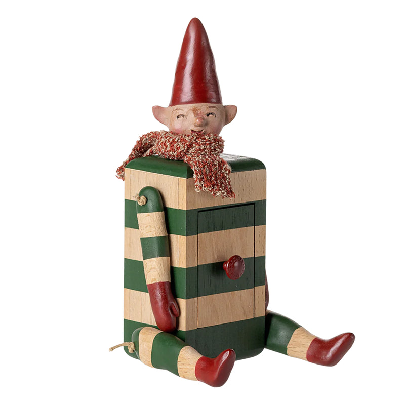 Maileg Elf with Drawer featured in a cozy setup, highlighting its use with Maileg doll collections.