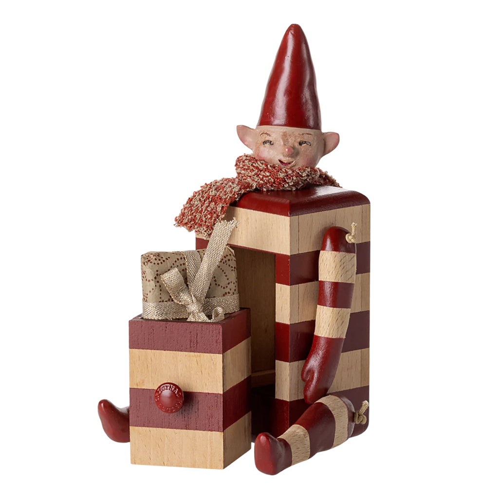 The Maileg Elf with Drawer showcased on a whimsical background, pairing beautifully with your favorite doll.