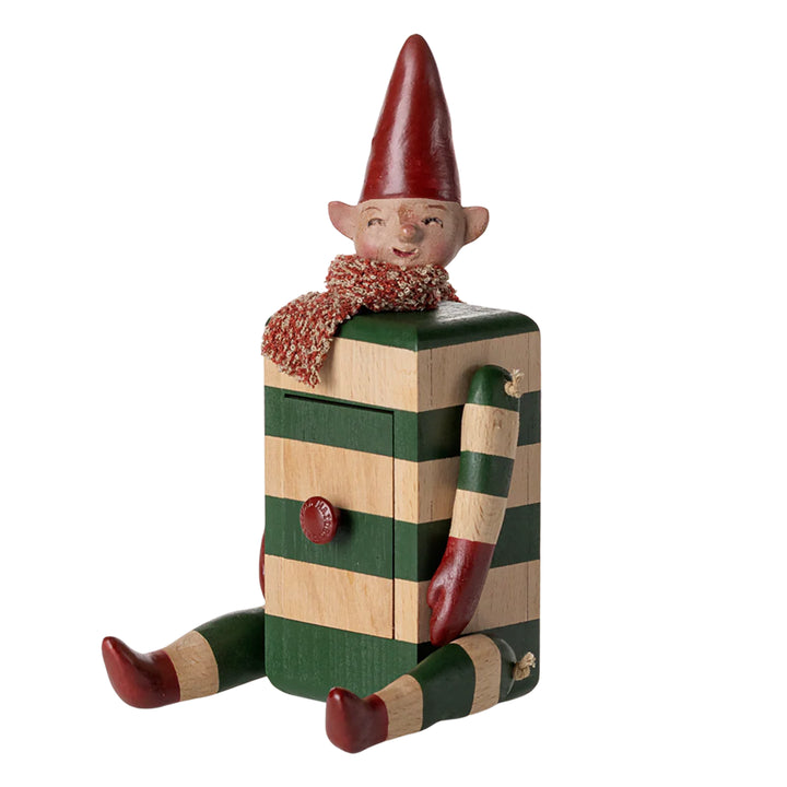 Close-up of the Maileg Elf with Drawer, designed to delight with stuffed dolls and imaginative storytelling.