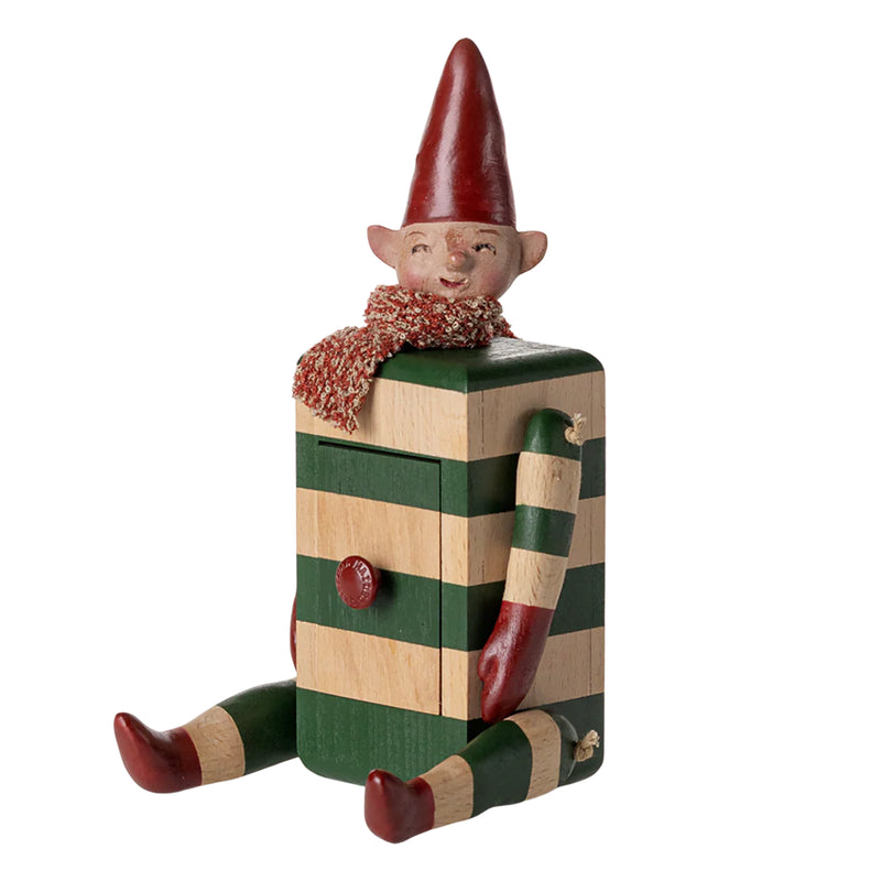 Close-up of the Maileg Elf with Drawer, designed to delight with stuffed dolls and imaginative storytelling.