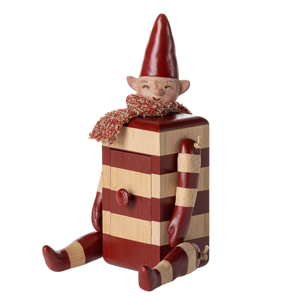 Maileg Elf with Drawer displayed in a playful scene, perfect for imaginative play with Maileg dolls.