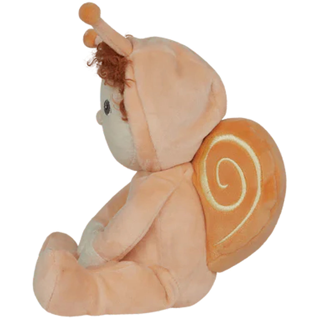 side view of ollie ella dinky dinkums orange snail scottie which shows his orange hood with eyestalks and snail shell 