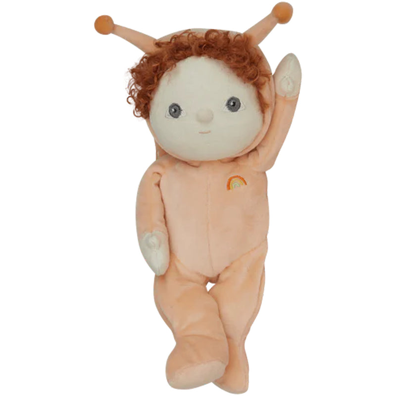 soft posable pale red headed dinkums doll by olli ella suspended with one arm over his head 