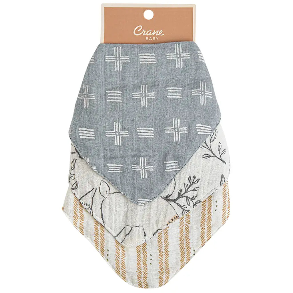 Crane Baby Muslin Bib 3-Pack, Ezra Woodland Design for Mess-Free Feeding