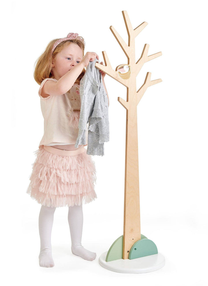 A wooden toy for kids, the Tenderleaf Toys Forest Coat Stand helps little ones organize coats and accessories.