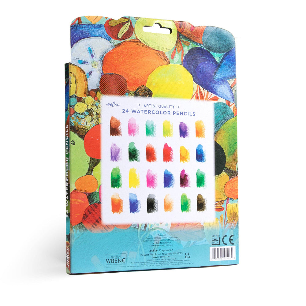 eeBoo Tidepool watercolor pencils fanned out showing silver foil barrels and vibrant colors