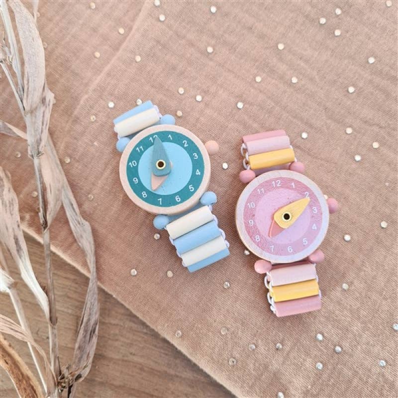 egmont wooden play pretend toy watches in multiple color varieties displayed on cloth