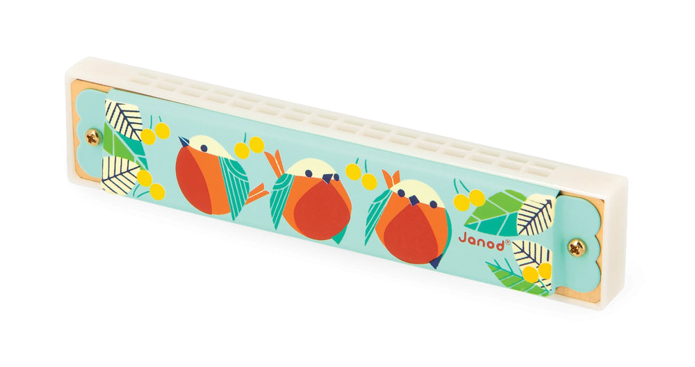 Compact Janod Musical Forest Harmonica for small hands, toddler musical toys with colorful woodland theme