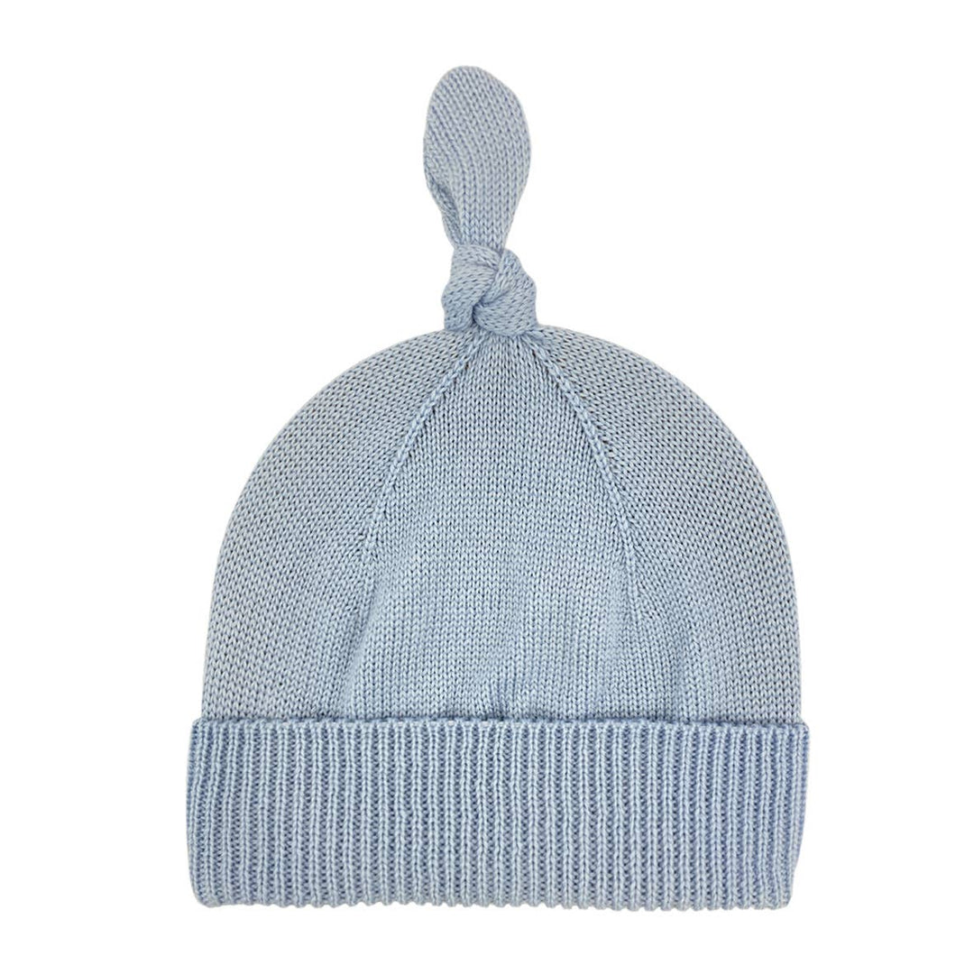 Light blue knit beanie with a tied knot on top, ALIAP Merino Wool Top Knot Baby Beanie, baby shower gift idea