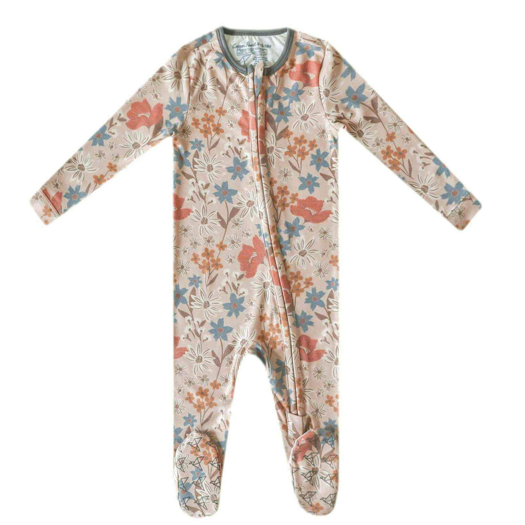 Copper Pearl Eden baby footie pajama flat lay, floral zip-up infant sleepwear for cozy nights and easy dressing
