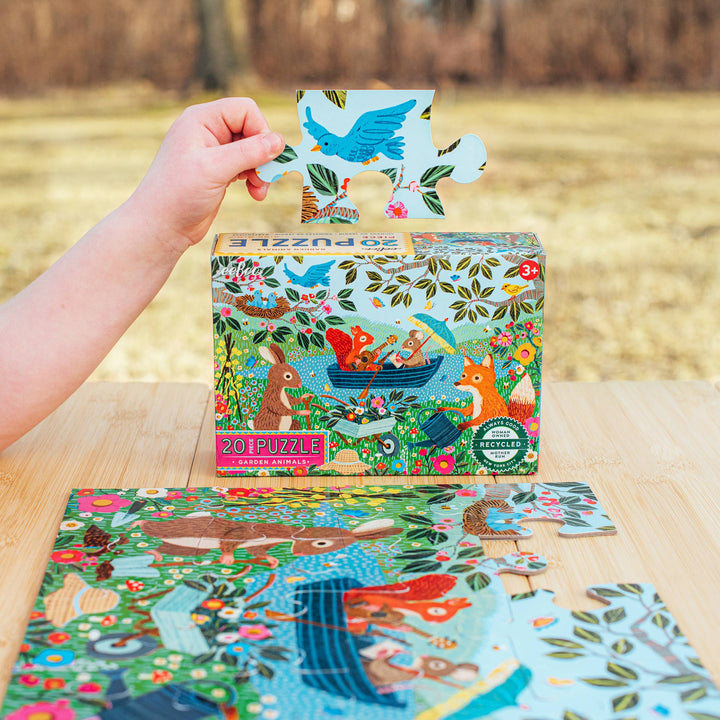 eeBoo Garden Animals puzzle pieces fanned out showing vibrant garden animal artwork