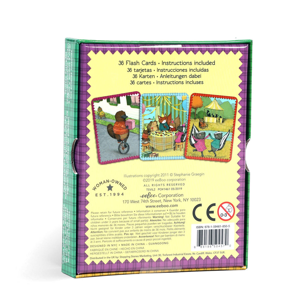 eeBoo Animal Village story cards fanned out showing illustrated animal characters and scenes