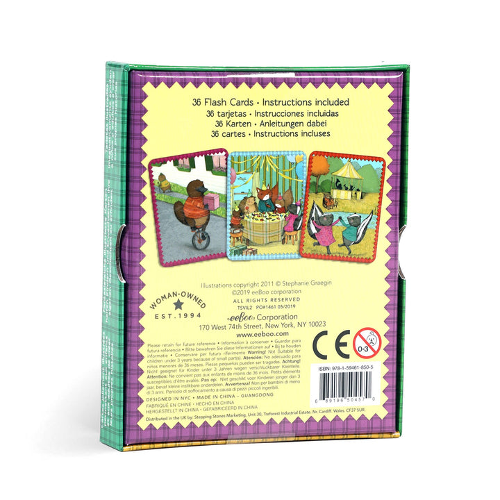eeBoo Animal Village story cards fanned out showing illustrated animal characters and scenes