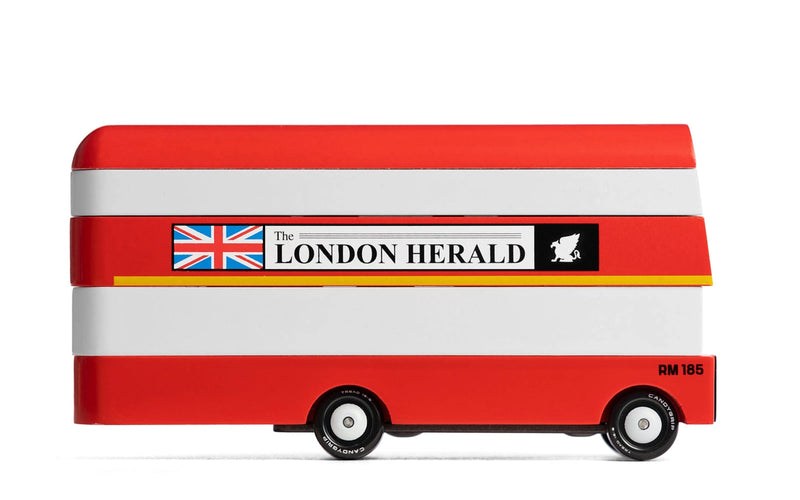 Red London bus toy by Candylab, handcrafted wooden vehicle for kids.