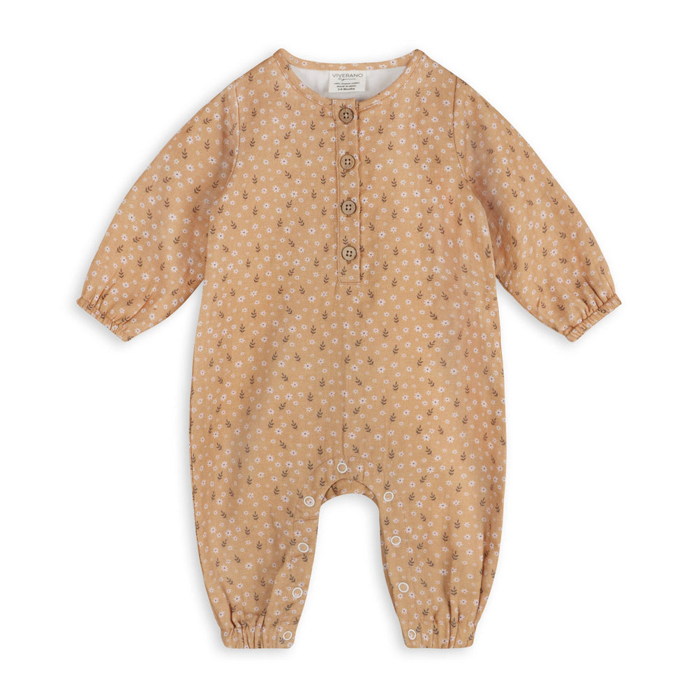 Mustard floral organic muslin baby jumpsuit by Viverano Organics