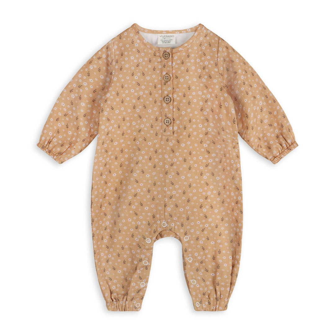 Mustard floral organic muslin baby jumpsuit by Viverano Organics