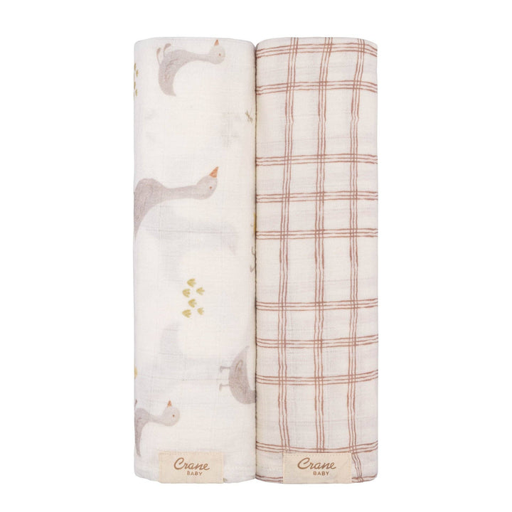 crane baby swaddle set in farmhouse goos and check pattern