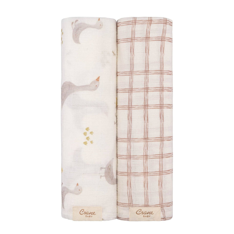 crane baby swaddle set in farmhouse goos and check pattern