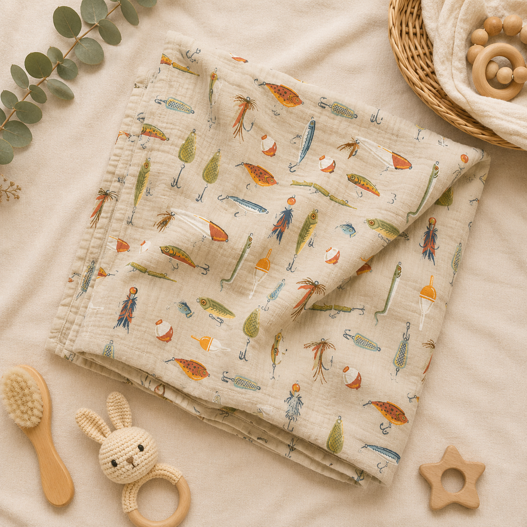 Cotton muslin baby swaddle in Gone Fishing print, Mady & Max 47 x 47 inch