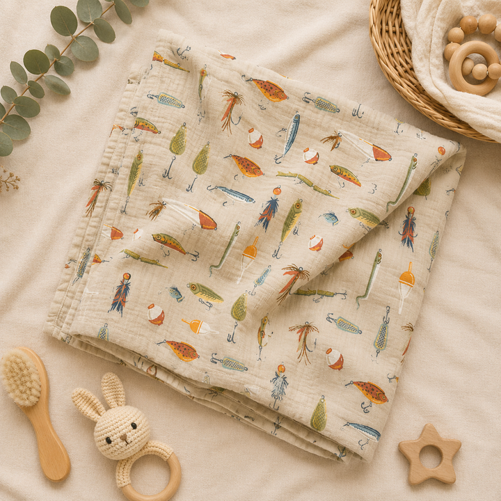 Cotton muslin baby swaddle in Gone Fishing print, Mady & Max 47 x 47 inch