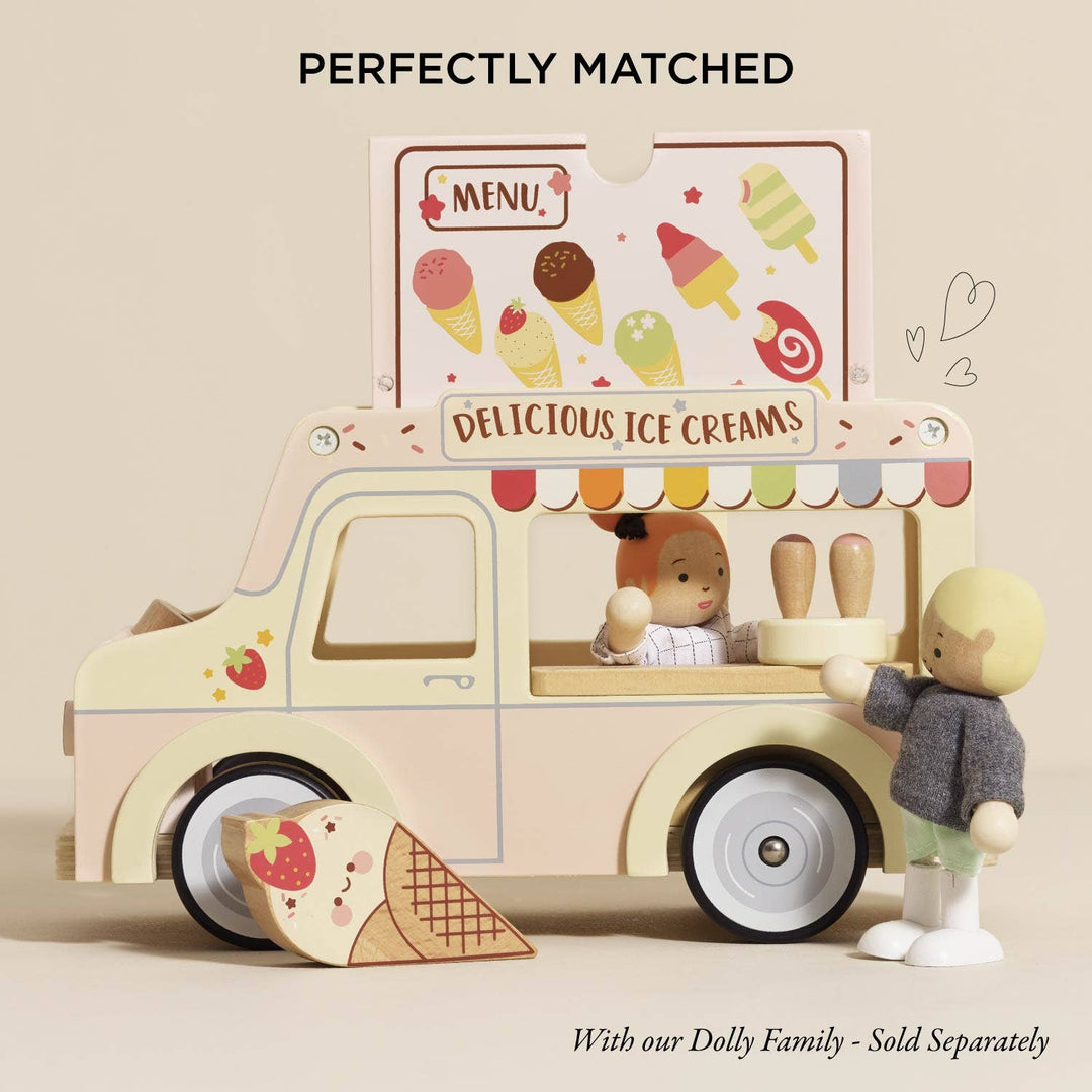 Le Toy Van ice cream van with illustrated yummy artwork and accessories laid out