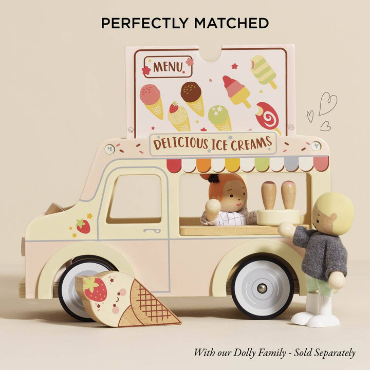 Le Toy Van ice cream van with illustrated yummy artwork and accessories laid out