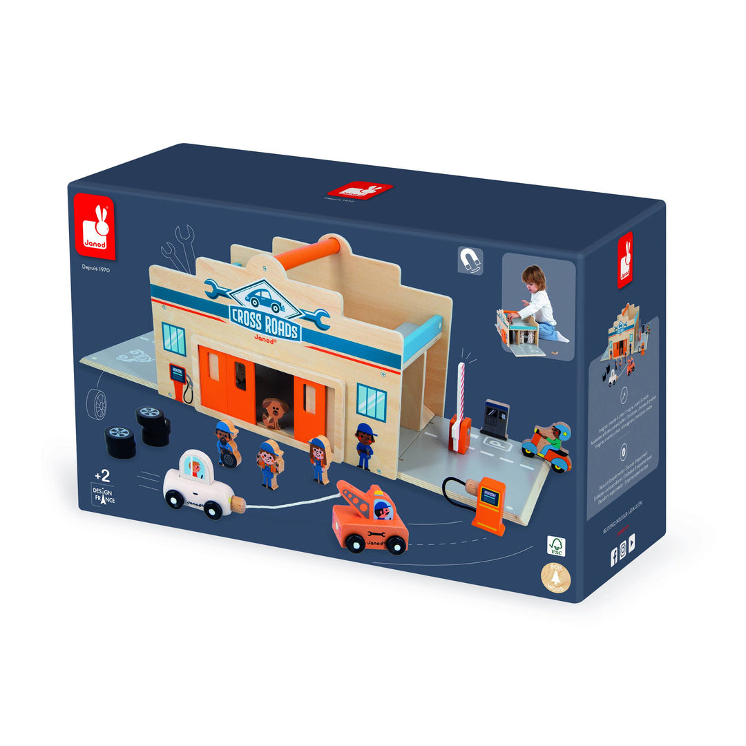 Back of box view for Janod Crossroads My First Garage wooden toy