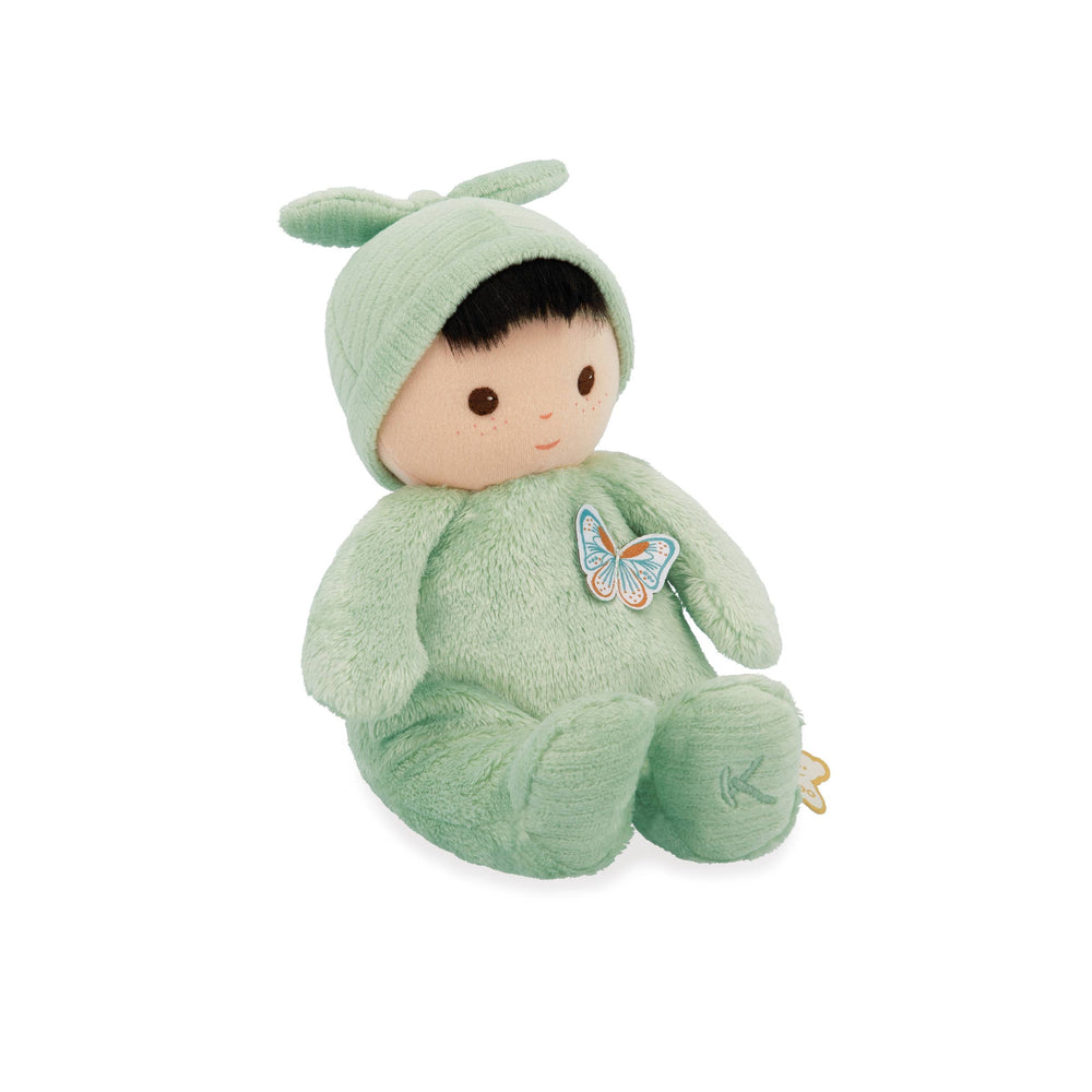 Woven butterfly label detail on Janod Tender Baby Pilea Doll