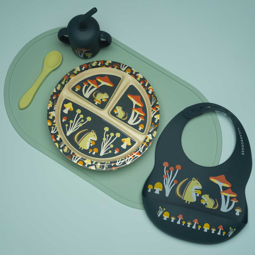 mushroom patterned gray green and orange toddler meal time set with placemat, plate, and sippy cup 