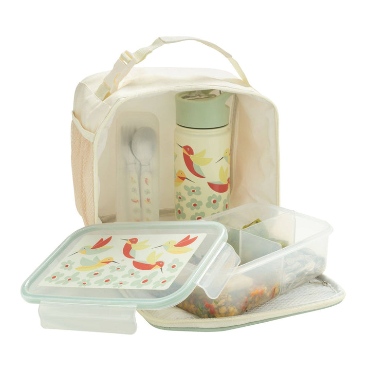 inside of suger booger humming bird lunch bag with ice pack pocket and matching water bottle 