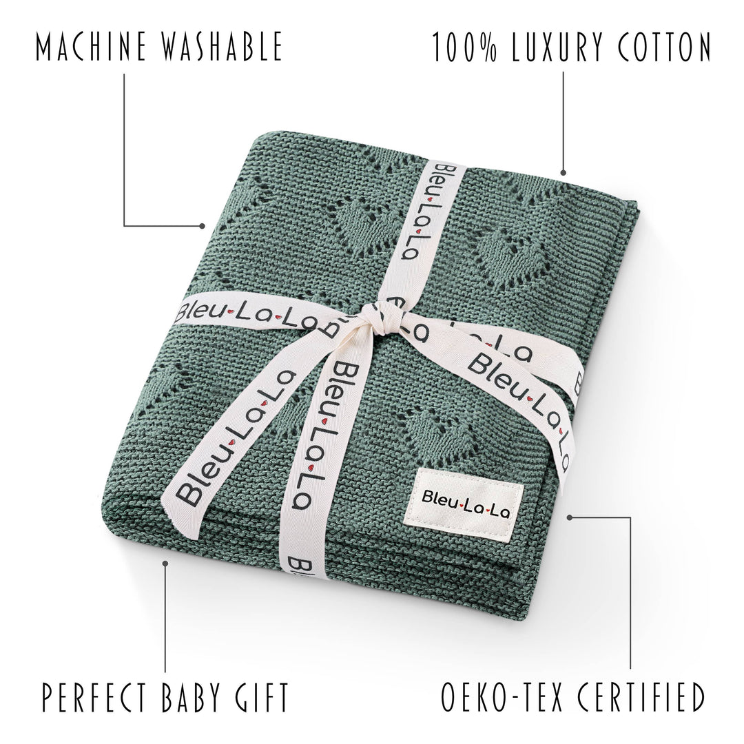 Bleu La La Cotton Receiving Swaddle Baby Blanket with a Heart Pattern in Sage 
