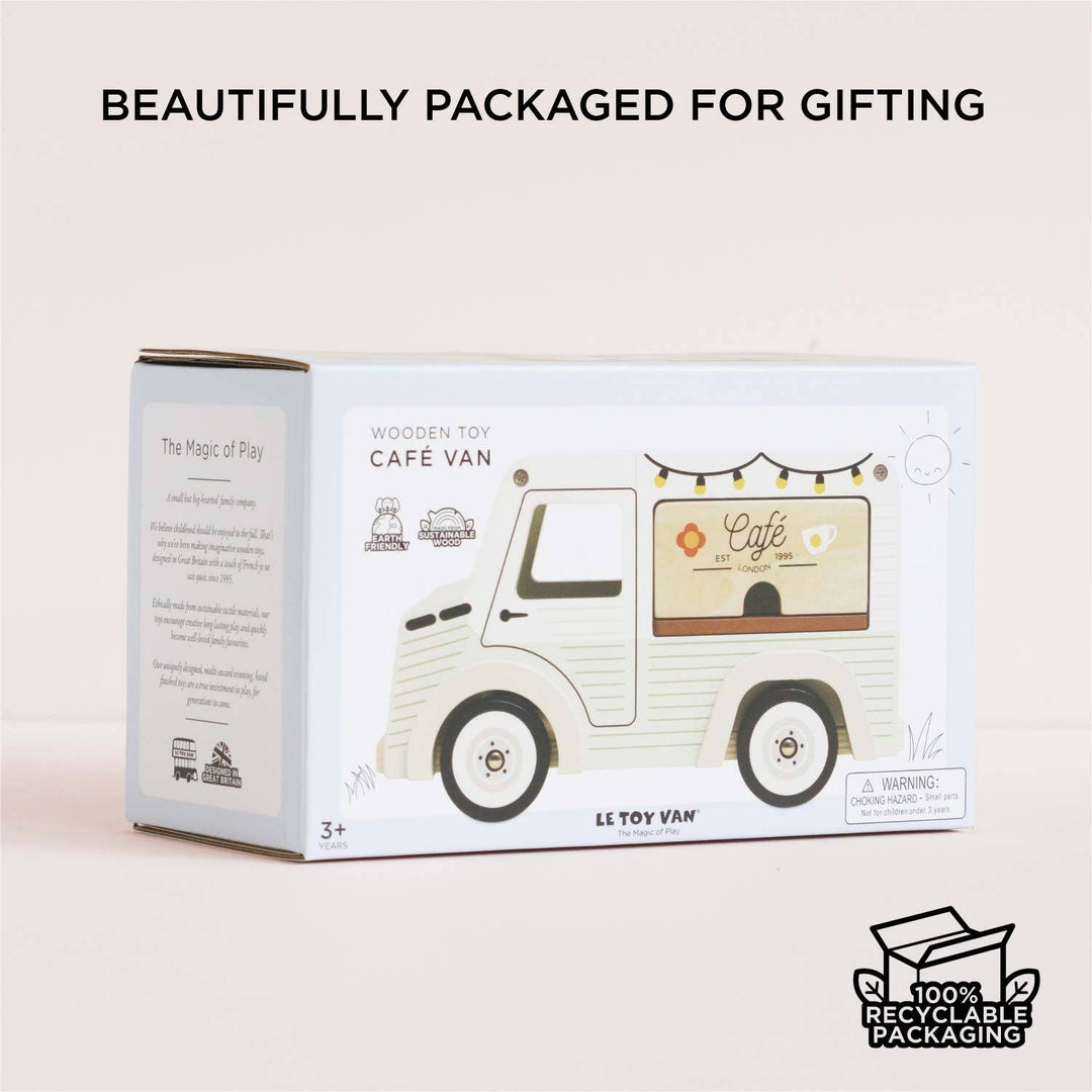 Gift box packaging for Le Toy Van Mobile Café Van, birthday or Christmas present for little coffee shop fans