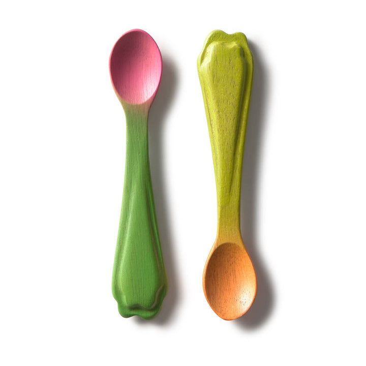 Oil & Carol Carrot and Radish baby spoons, playful feeding utensils for baby led weaning, toddler self feeding, and first foods