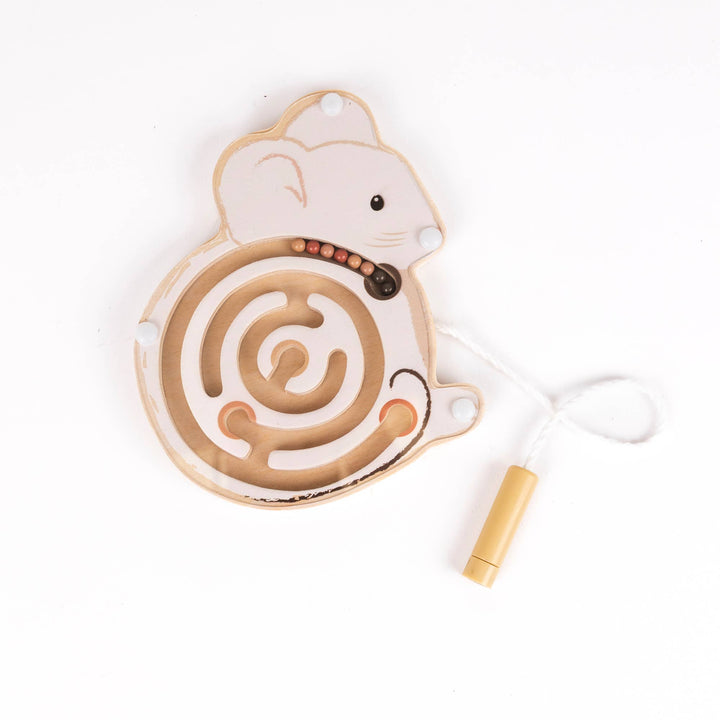 A mouse shaped maze from Egmont's Mini Magnetic Color Maze sits beside its pull string and handle