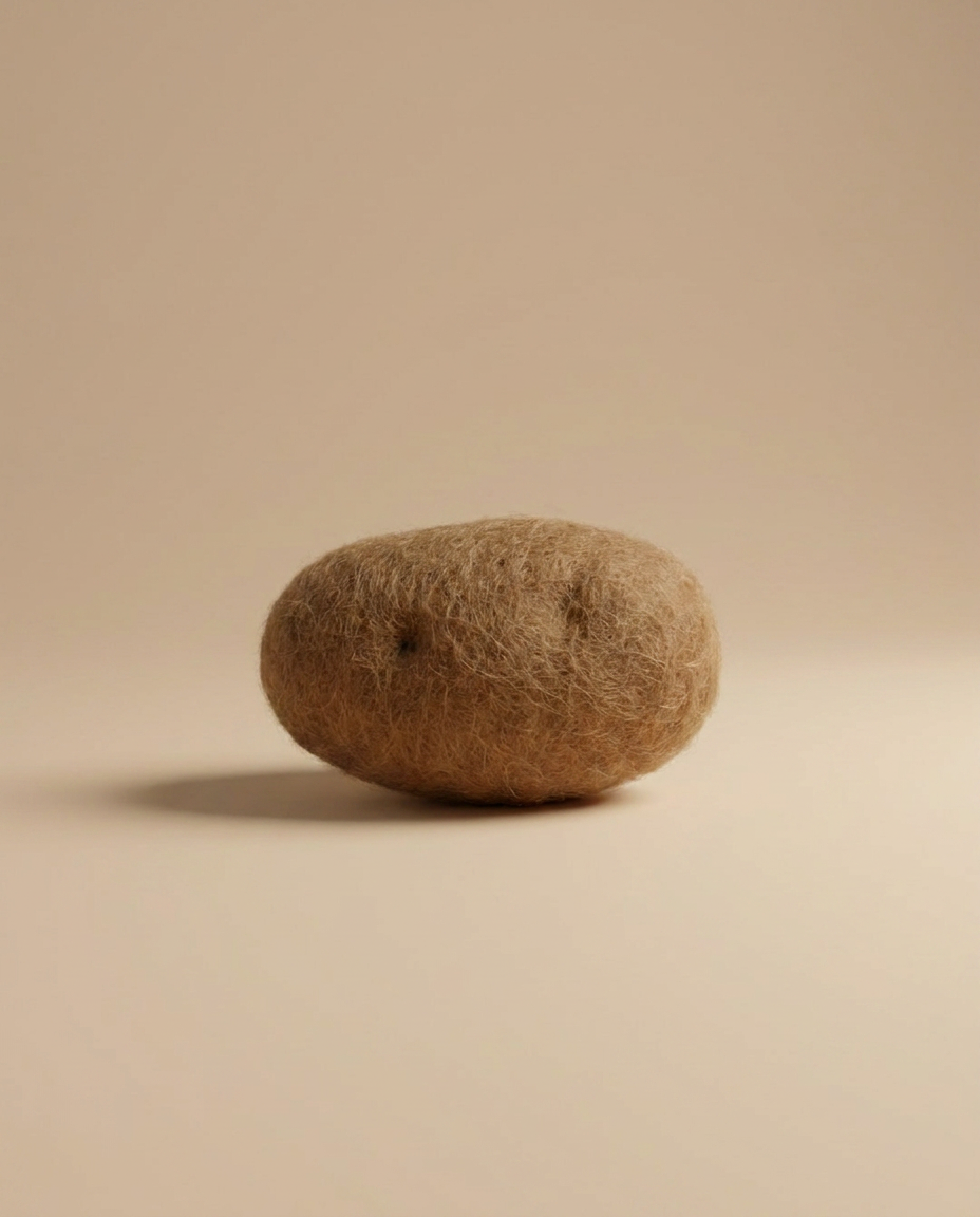 Close-up detail of Felt Potato play food by Kaddu, sold individually