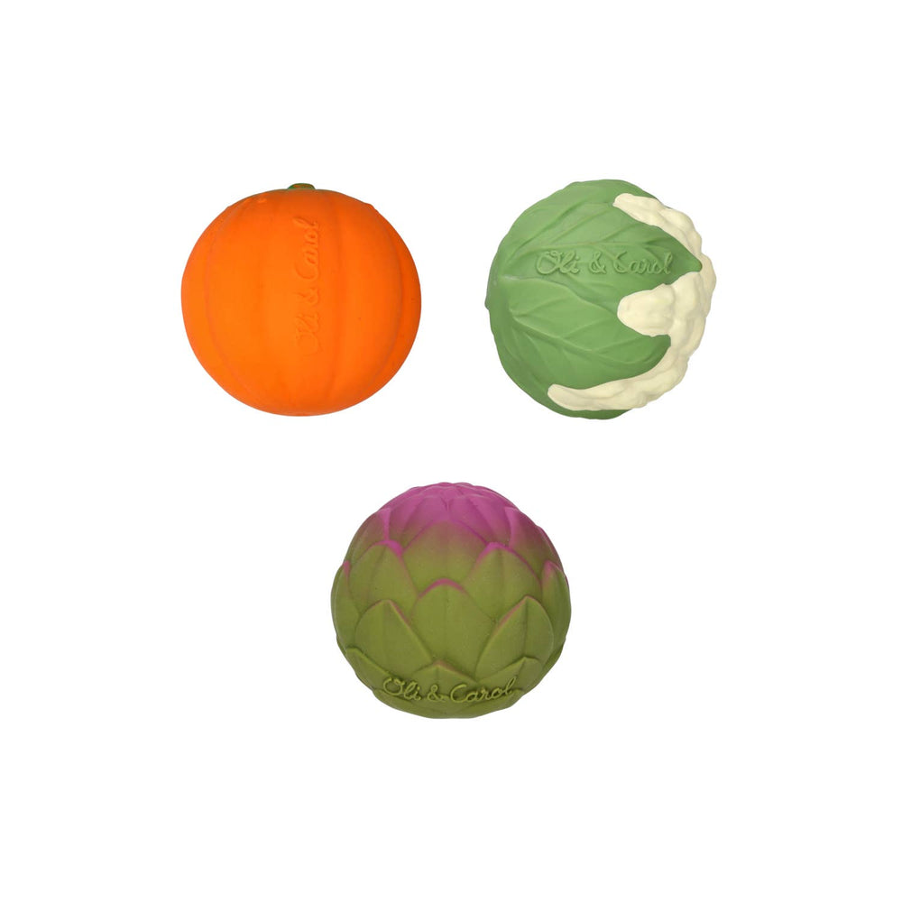 Three natural rubber balls from the Veggie Soup trio by Oli & Carol